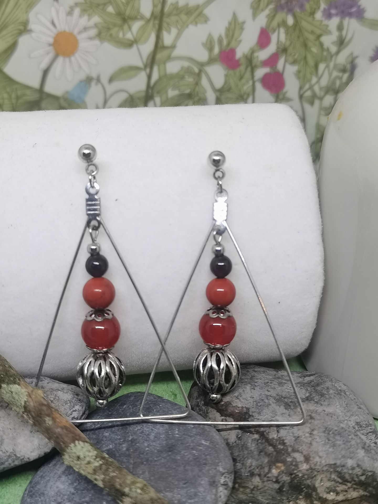 boucles d'oreilles triangle grenat jaspe rouge cornaline